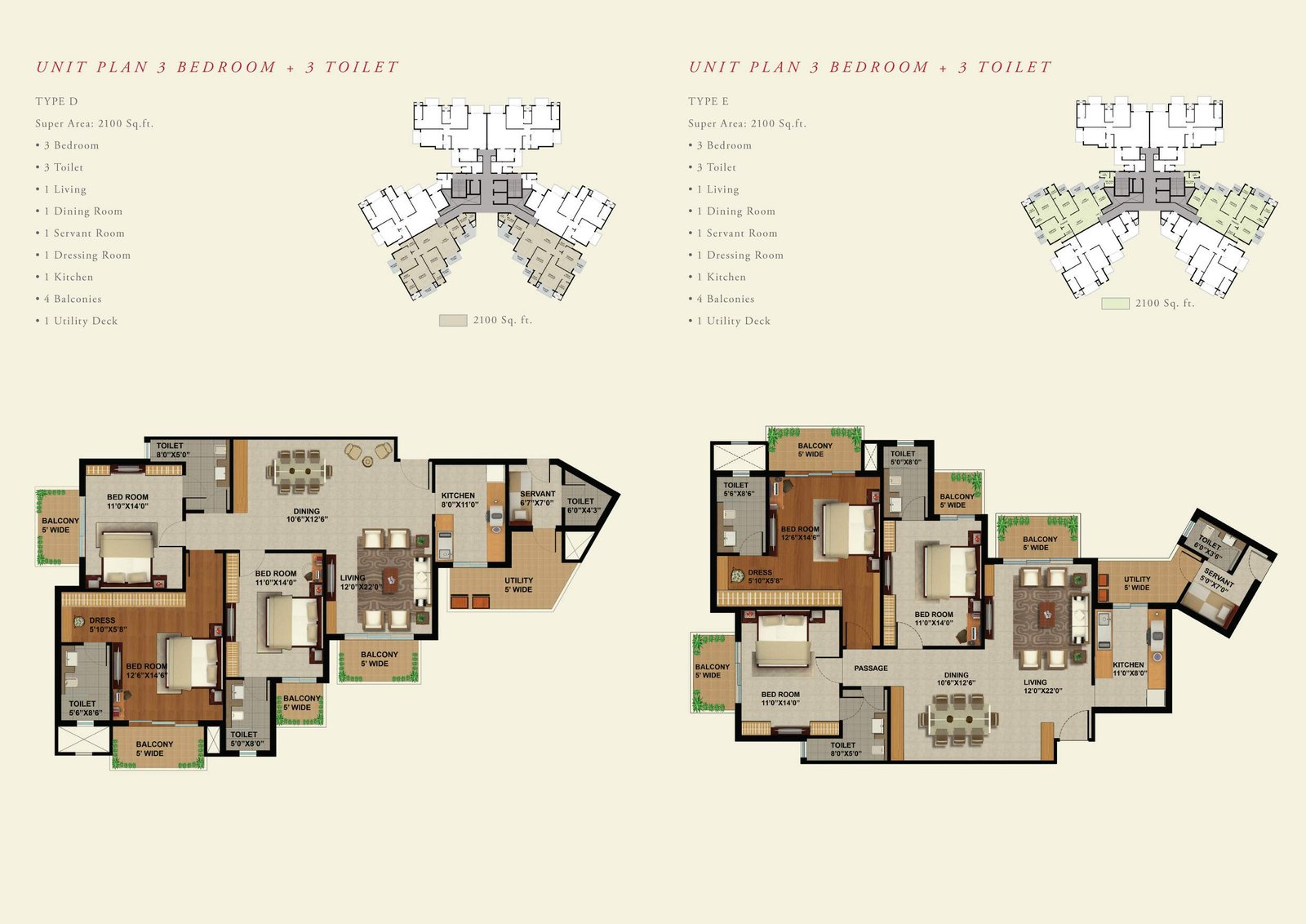 3 BHK 2100 Sq Ft Unit Plan